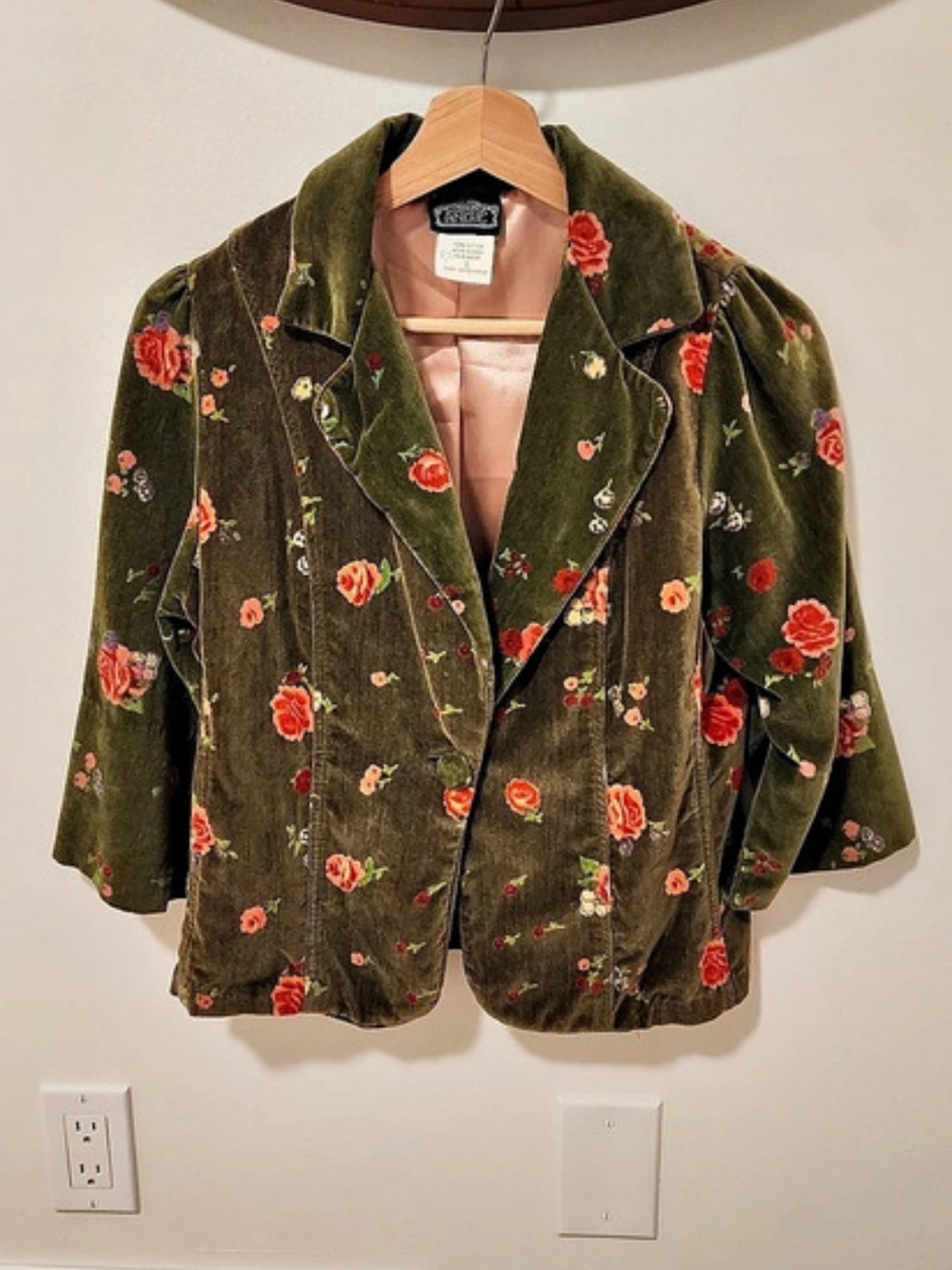 ANGIE Olive Green Floral Velvet Blazer Jacket Puff Sleeve Size S